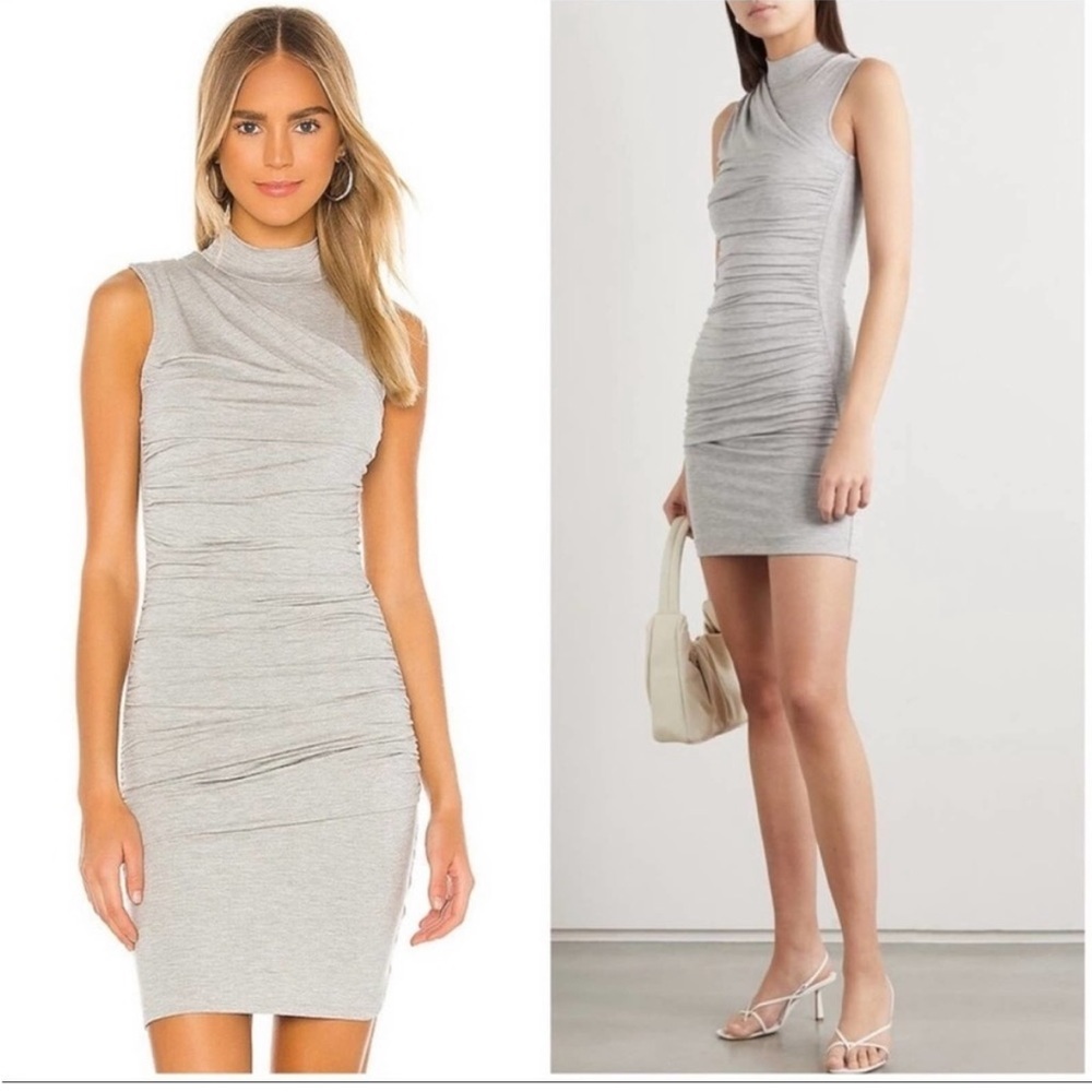 • The Line by K • Women’s Ayme Ruched Mini Dress Mock Neck Gray Medium Jersey